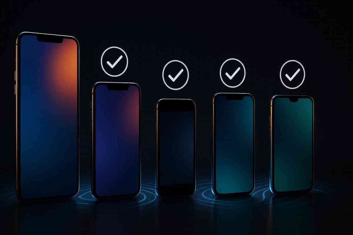 Lineup of sleek unbranded smartphones under soft neon checks—calm satisfaction and power in knowing your device is finally compatible—minimalist triumph vibe