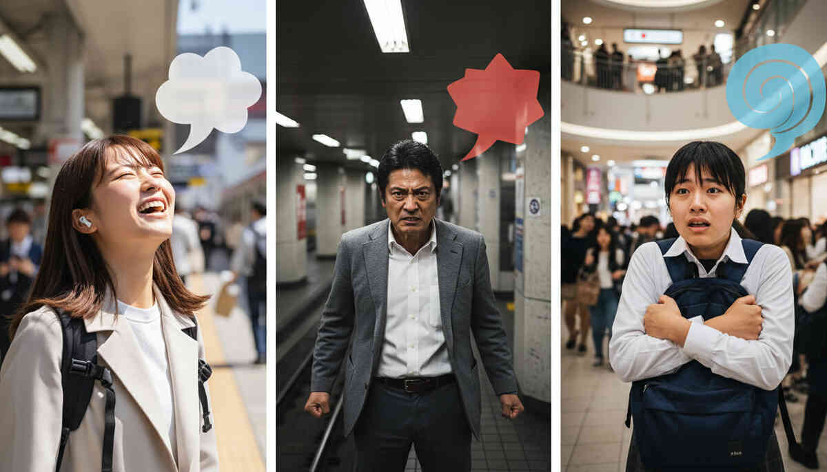 Triptych of Osaka commuters—joyful laugh, furious glare, anxious worry—real human emotion in motion, raw truth of connectivity highs and lows across the city