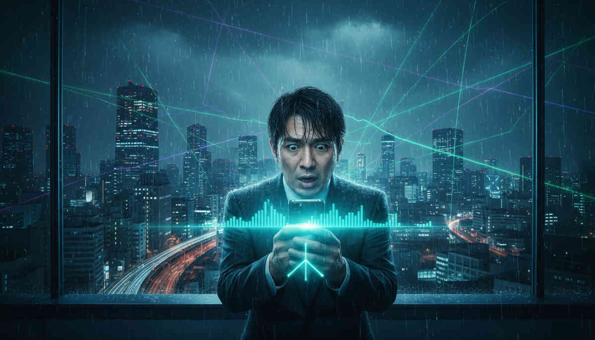 A tense Osaka commuter watching new low-band coverage surge across the city.