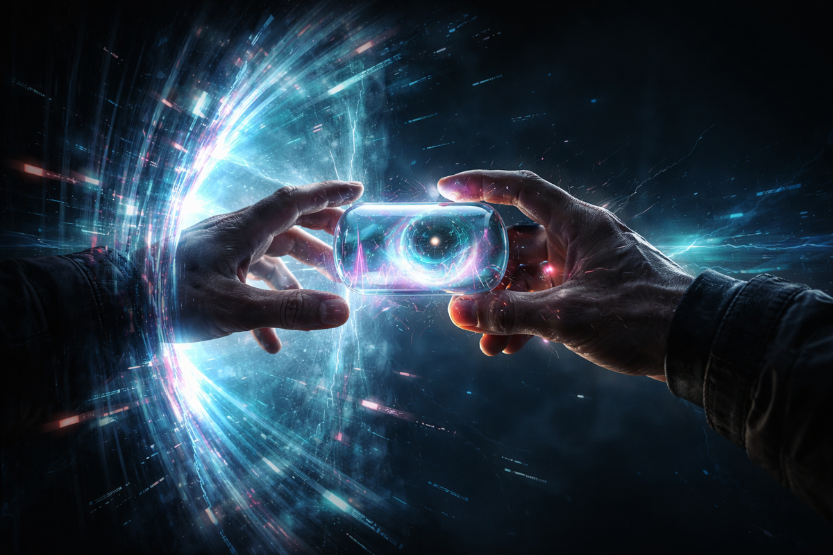 Two hands trading a glowing capsule through a crackling portal—high-stakes trust, instant evolution payoff, electric urgency and cinematic shock