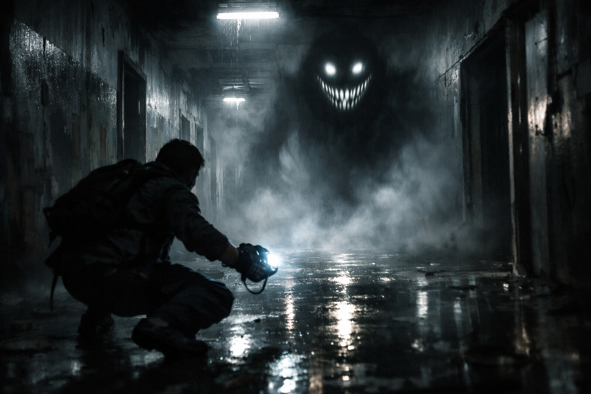 Abandoned wet hallway showdown—crouched hunter with a flashlight facing a towering grin-shadow, heart-pounding dread, fight-or-flight capture pressure