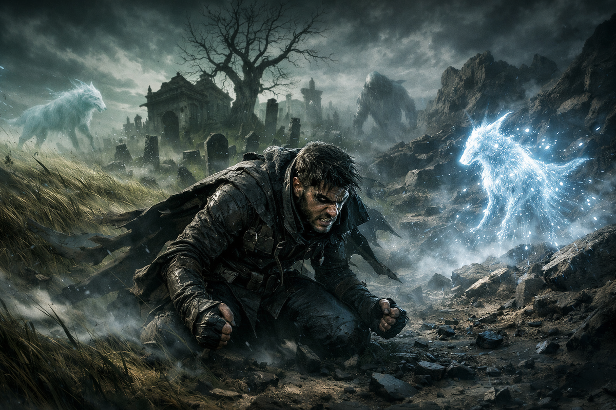 Stormy graveyard grind with a brutal survivor kneeling—rare blue spectral beast blazing in the fog, desperate hope, obsessive hunt adrenaline, haunted victory vibe