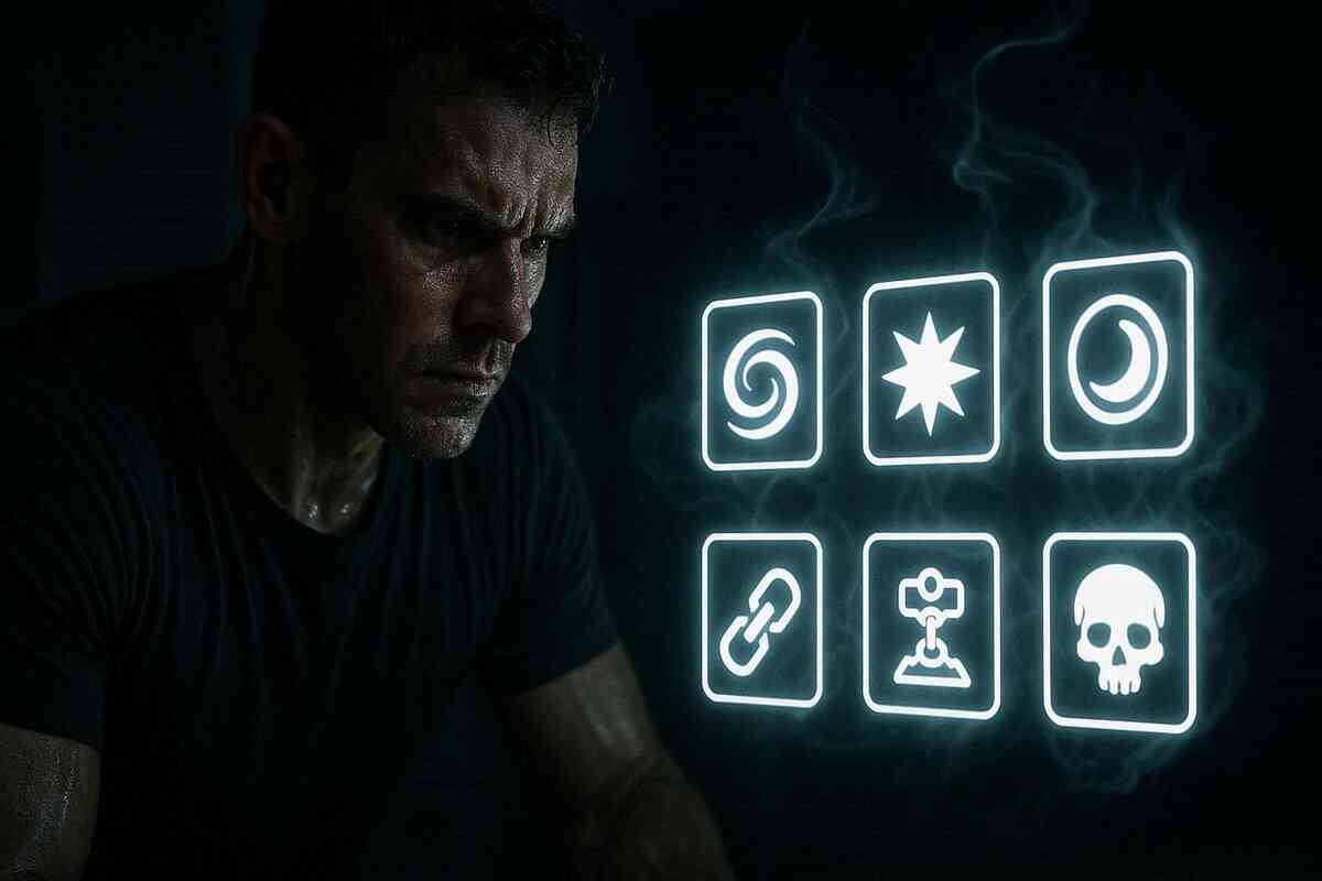 Sweat-soaked strategist locked in a cold stare—floating neon icons for speed, power, traps, and sacrifice, ruthless optimization mood, tense pre-battle focus