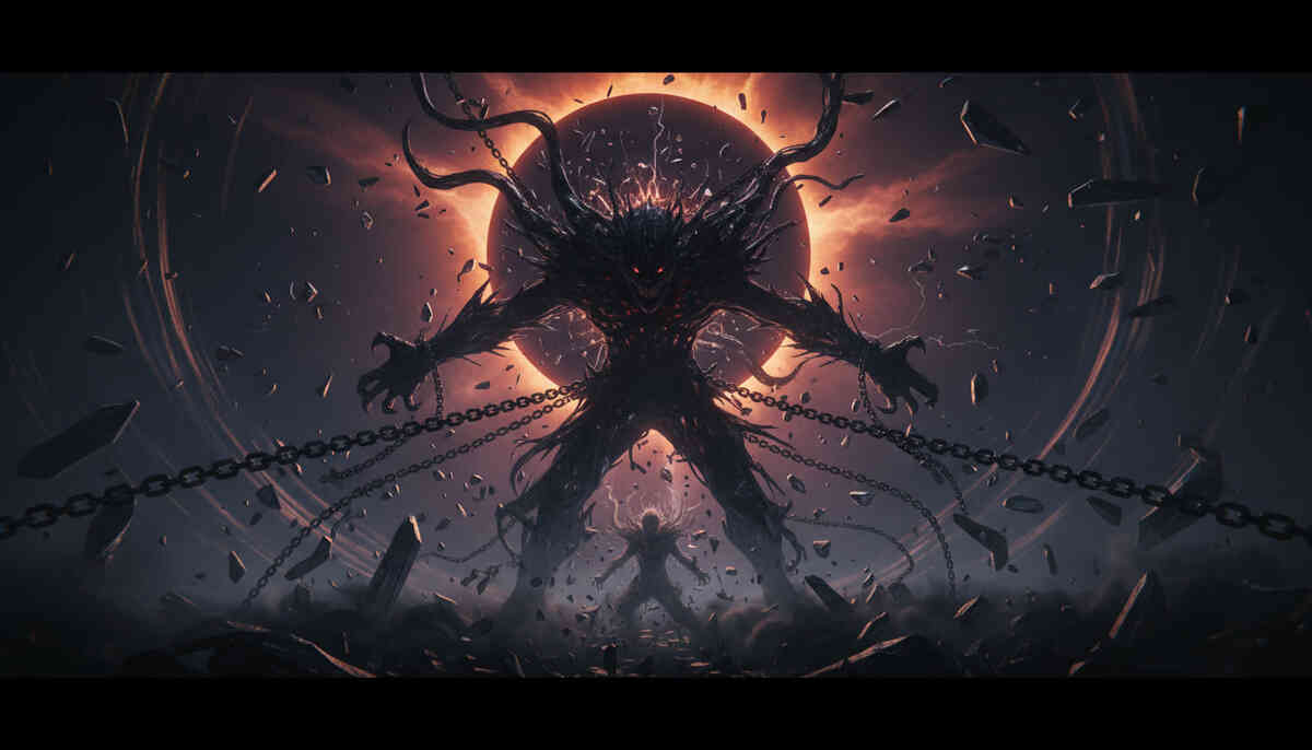 Eclipse-lit mega shadow titan ripping at chains—cataclysmic power surge, debris storm, tiny challenger below, awe, panic, and unstoppable endgame energy