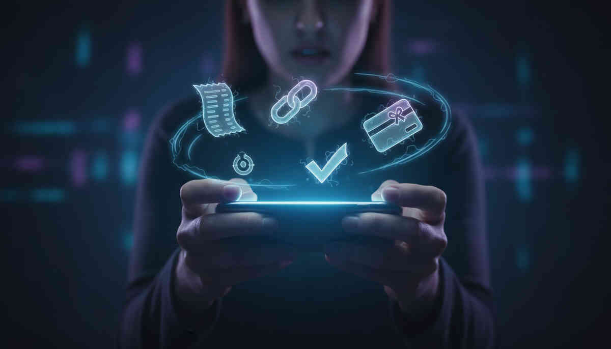 Hands clutching a phone as claim-flow icons orbit—receipt, link, voucher card, big checkmark—tense to relieved “it finally worked” payoff energy