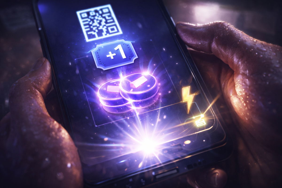 Sweaty fingers over a QR-style pay screen—stacked voucher tokens, “+1” boost badge, lightning top-up spark—checkout pressure turning into instant win thrill