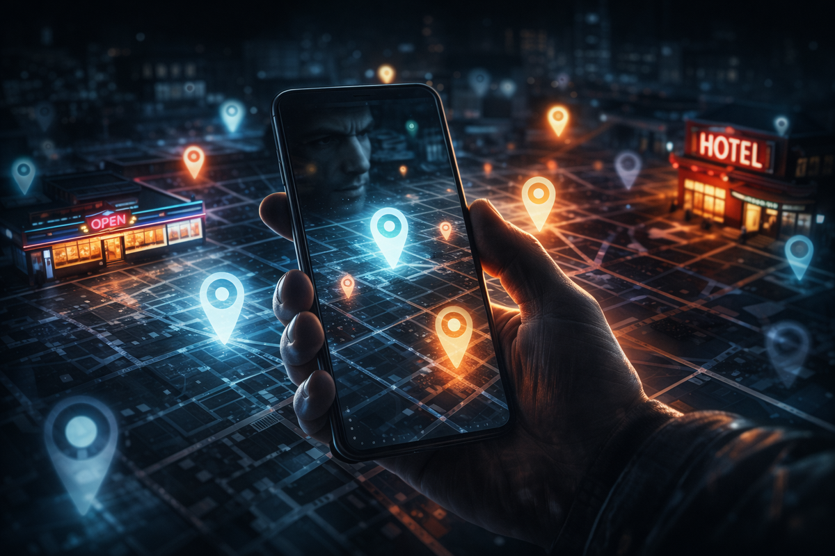 Night city grid on a phone with blazing map pins—local spots lighting up (shops, hotel, open sign), hunted-hotspot excitement, “where can I spend this?” rush