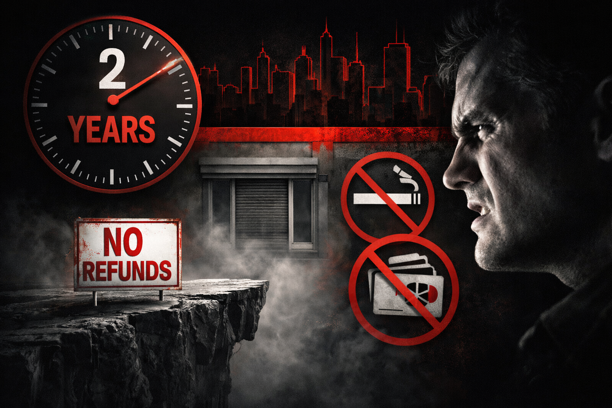 Brutal warning collage—“2 YEARS” ticking clock, NO REFUNDS sign, banned-item icons, angry profile stare—deadline dread and costly-mistake panic vibe