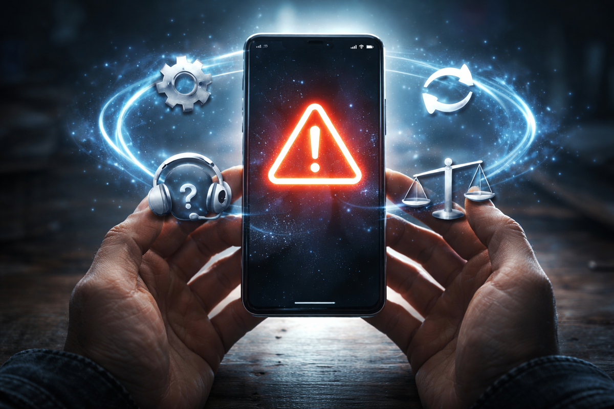 Phone screams with a red alert triangle—gear, refresh arrows, support headset, balance scale circling—error-to-fix rescue mood, calm-after-chaos relief