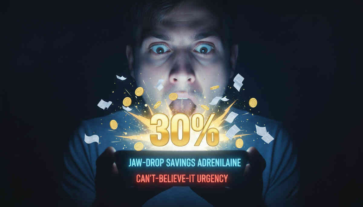 A glowing digital voucher bursts with “30%” energy—jaw-drop savings and tax-smart adrenaline in one shot.