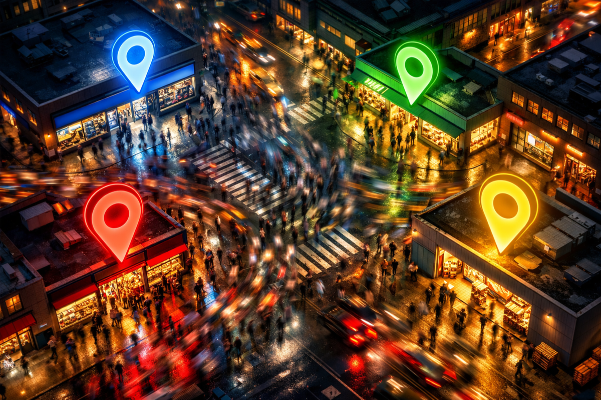 Rain-slick neon city crossroads with multiple store hotspots—giant glowing location pins and a swirling crowd—“where to buy today” frenzy and fear-of-missing-out heat