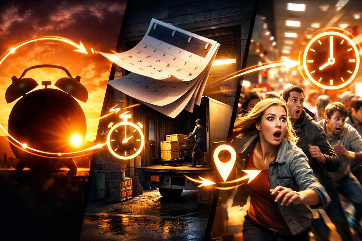 Three-panel time-attack montage: sunrise alarm → calendar flip → warehouse unload → shoppers sprinting under a blazing clock—perfect drop timing, heart-pounding urgency