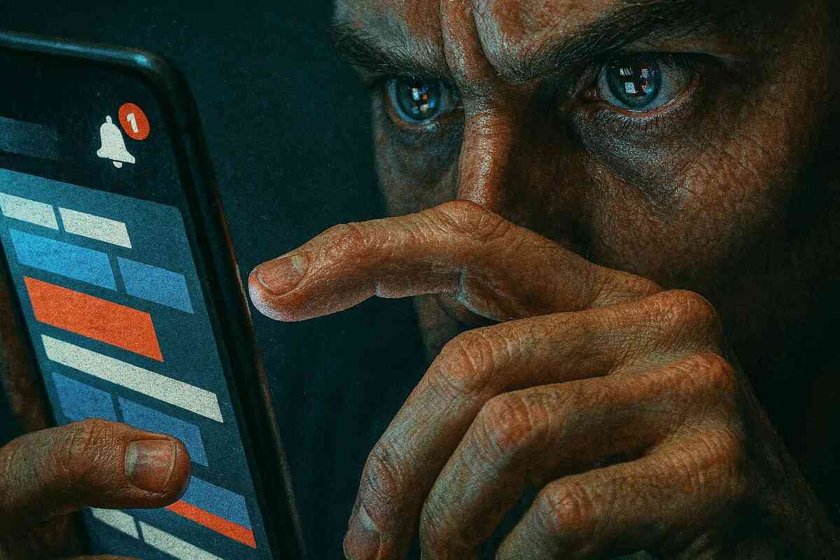 Extreme close-up: intense eyes locked on a phone, notification bell lit, finger hovering to refresh—real-time intel obsession, jittery anticipation, no-sleep focus