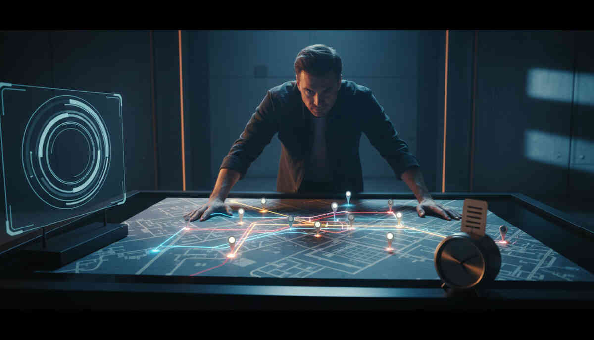 Dark war-room route planning over a glowing city map—pins, paths, and countdown energy—decisive strategy to win the in-store hunt before it vanishes