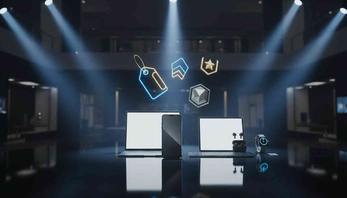Spotlit unbranded device lineup on a glossy stage—phone, laptops, earbuds, watch—floating price-tag and “rank-up” icons overhead, luxury temptation, deal-hunter adrenaline