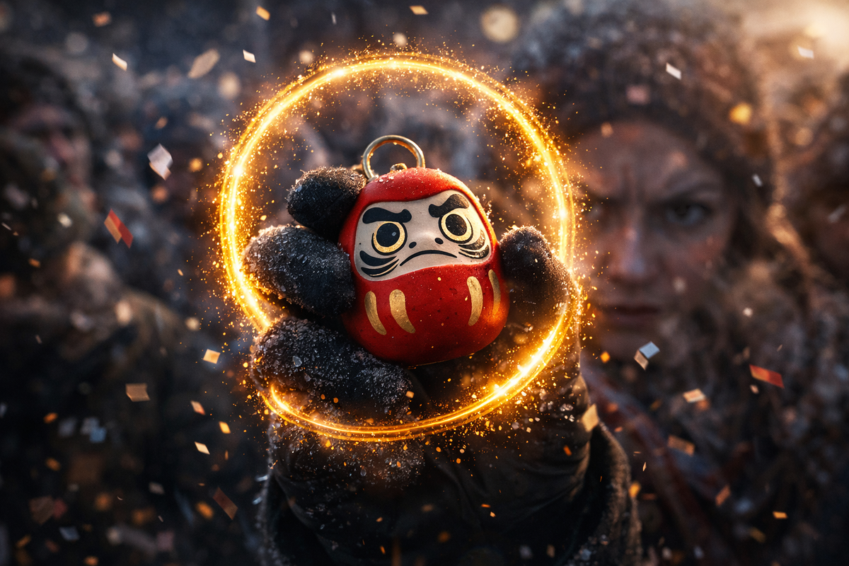Gloved hand holding a tiny red daruma charm inside a blazing golden halo—snowy crowd blur, confetti sparks, rare bonus obsession, victory-or-regret intensity