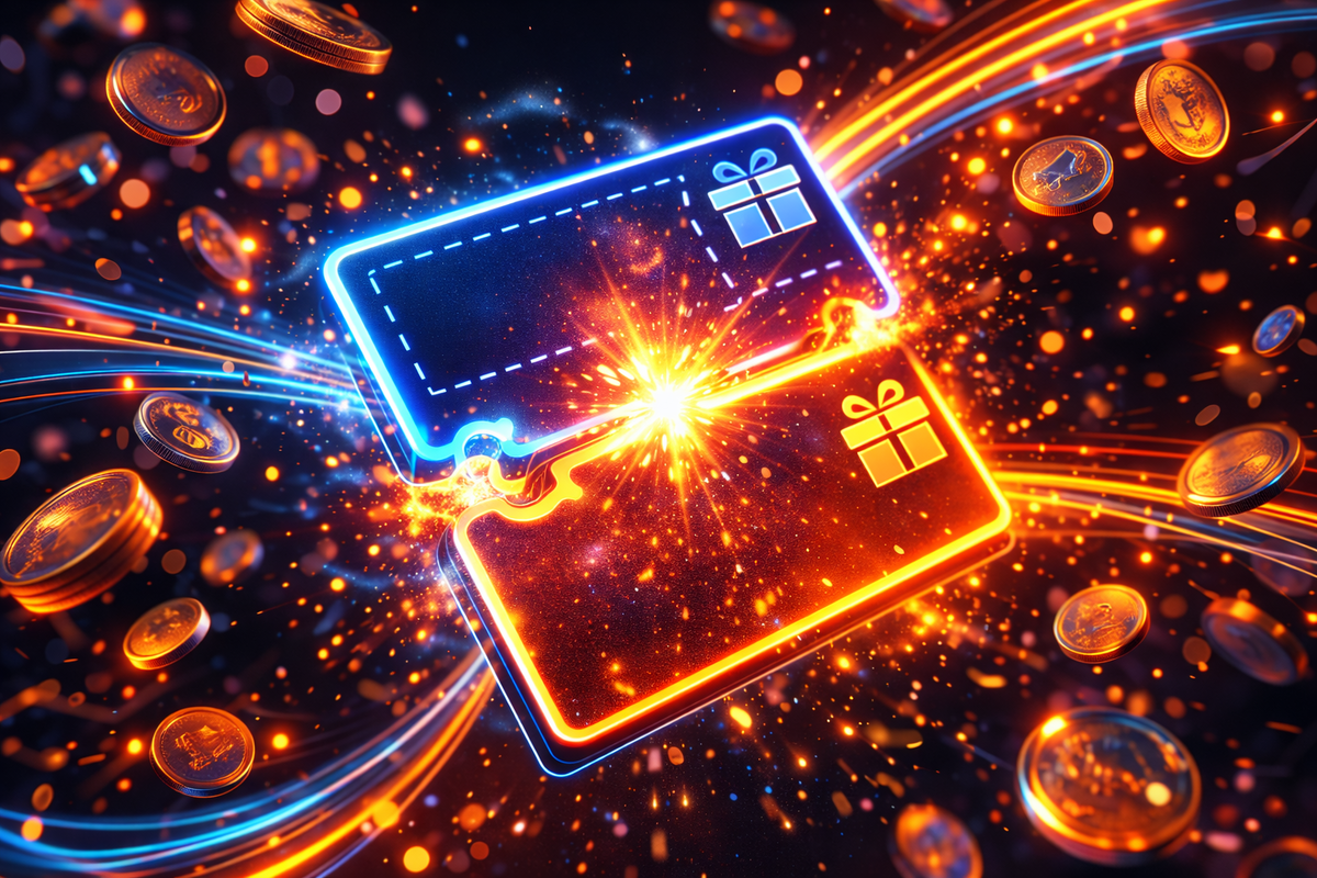 Two gift-card puzzle pieces slamming together in a spark explosion—coins flying, neon trails, double-dip stacking euphoria, dopamine-heavy savings rush
