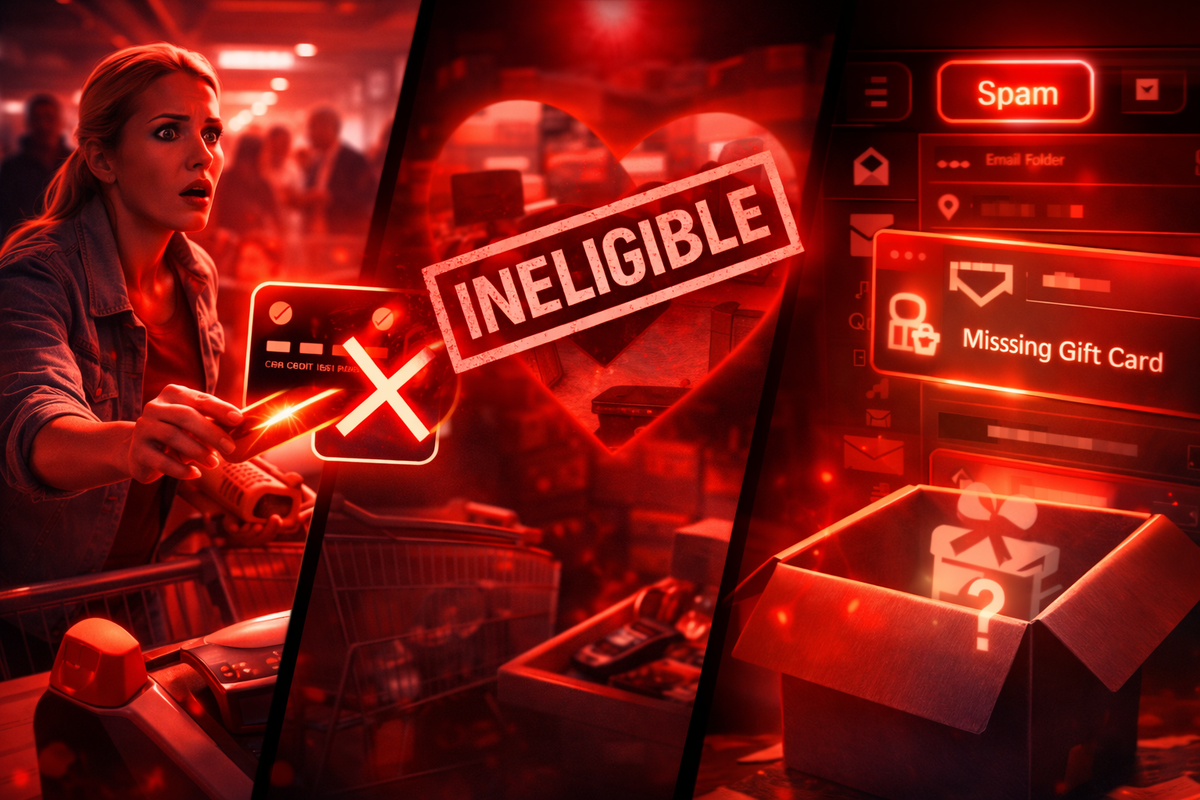 Red-alert checkout nightmare montage—INELIGIBLE stamp, declined card X, “Missing Gift Card” in spam, mystery bonus box—instant regret dread, hard-learned warning energy