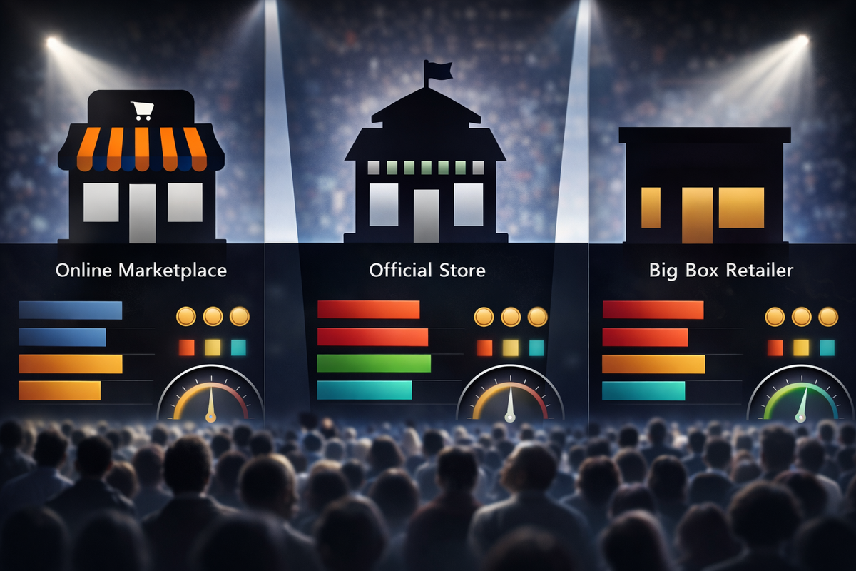Three-way buying showdown on a stadium stage—Online Marketplace vs Official Store vs Big Box Retailer—score bars and pressure gauges under spotlights, ruthless “best place to buy” drama