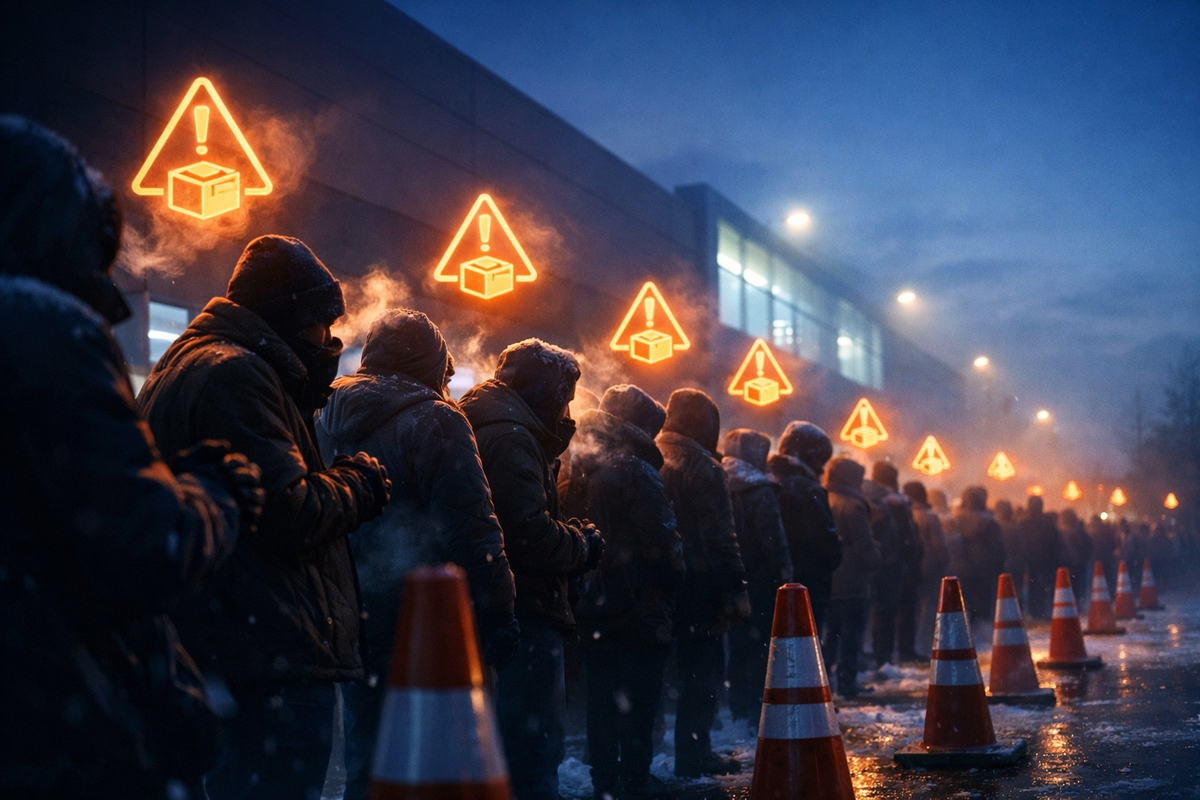 Frozen predawn line outside a massive electronics store—breath like smoke, neon warning restock icons, last-chance New Year’s Eve adrenaline and tense hope