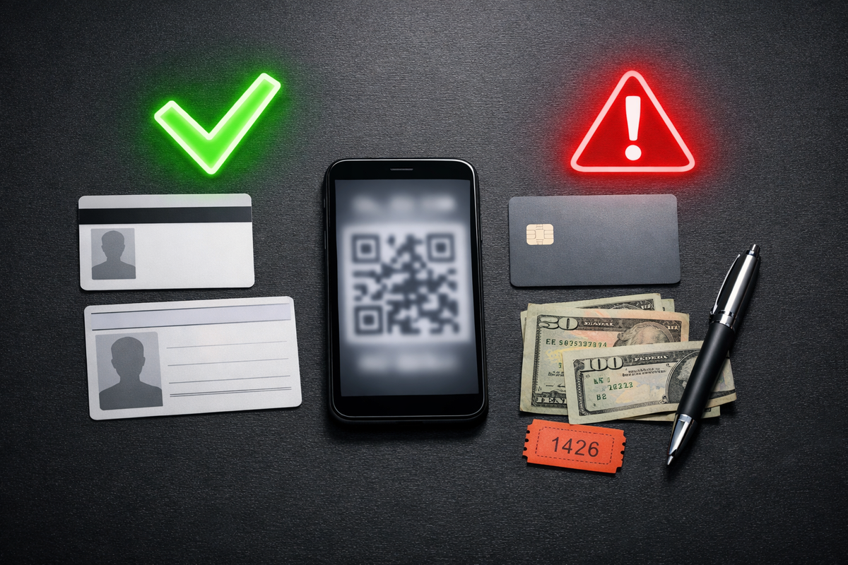 Bring-this-or-lose-everything flat-lay—ID, membership card, QR pass, cash and card with glowing check vs danger icons, ruthless preparedness and anxious focus