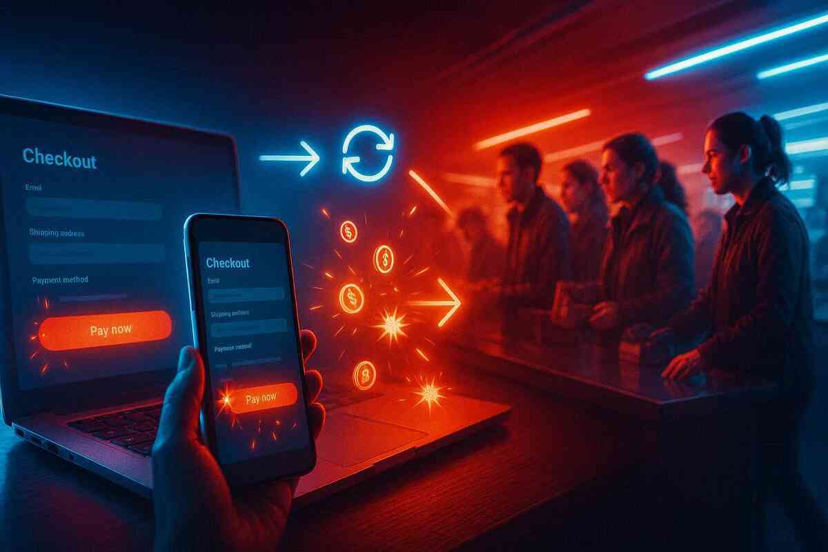 Online checkout clash with an in-store queue—phone and laptop “pay now” glow, arrows and sparks of urgency, frantic refresh energy and high-stakes momentum