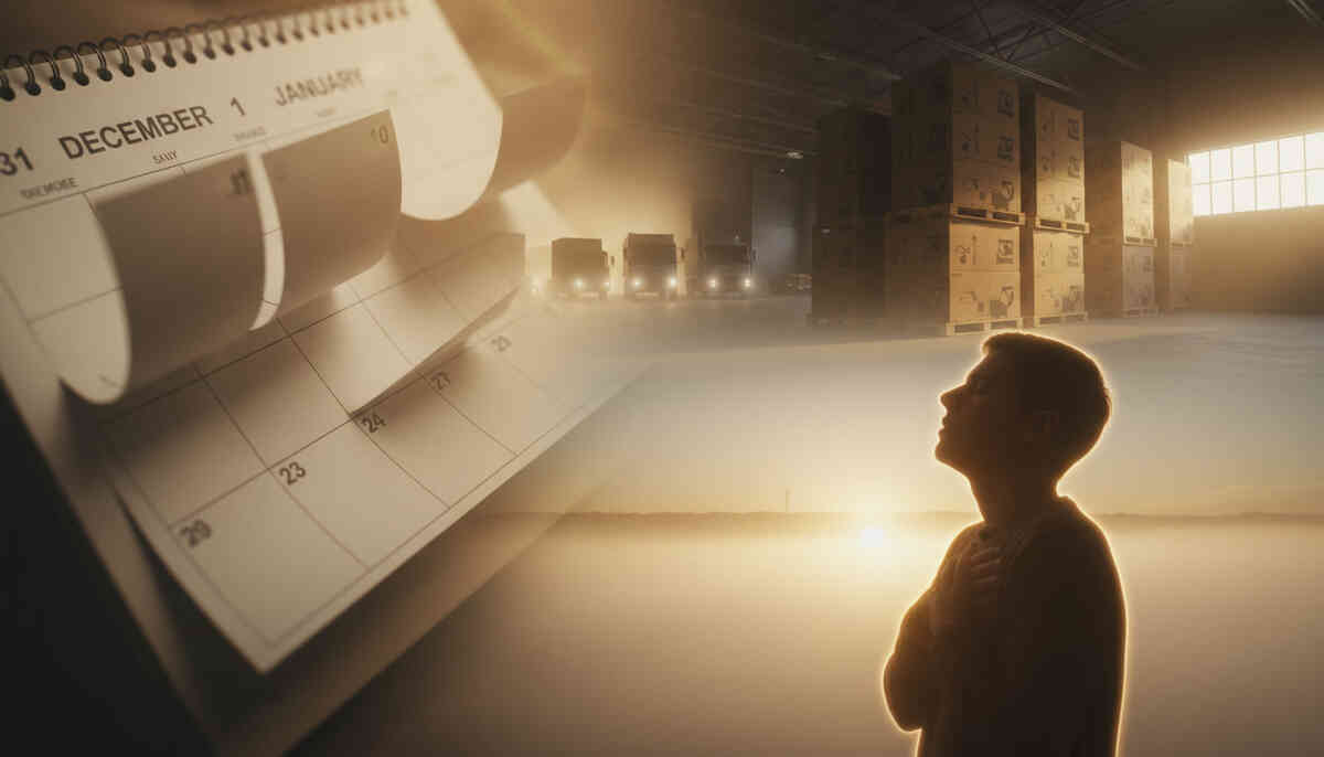 Calendar flipping into January over a warehouse dawn—trucks rolling in, stacked boxes, a relieved silhouette exhaling, comeback hope after a brutal miss