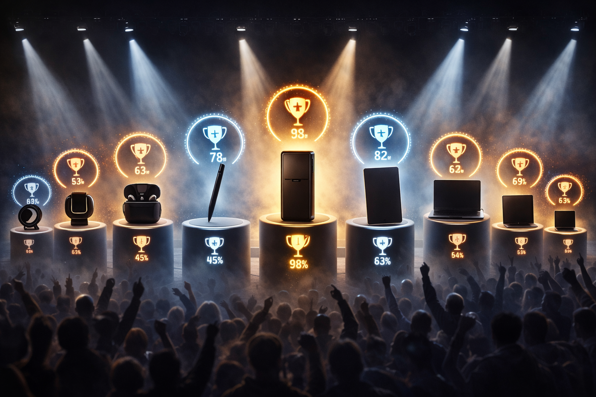 Stage-like deal showdown with gadgets on podiums under spotlights—trophy halos and percent glows, crowd hands in the air, winner-takes-all excitement and FOMO-fueled hype