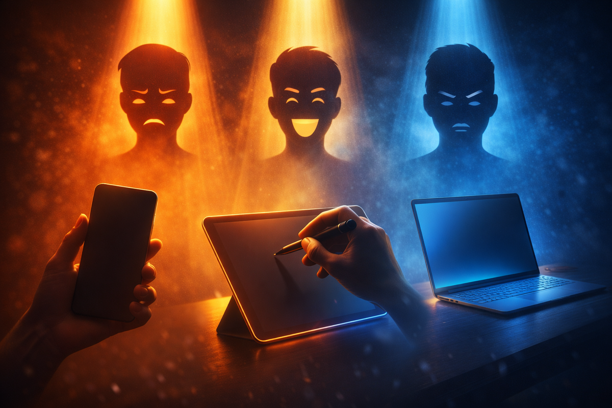 Phone vs tablet vs laptop decision drama—three emotion silhouettes above the desk (regret, joy, cold resolve), warm-vs-cool lighting, intense “choose now or suffer later” tension