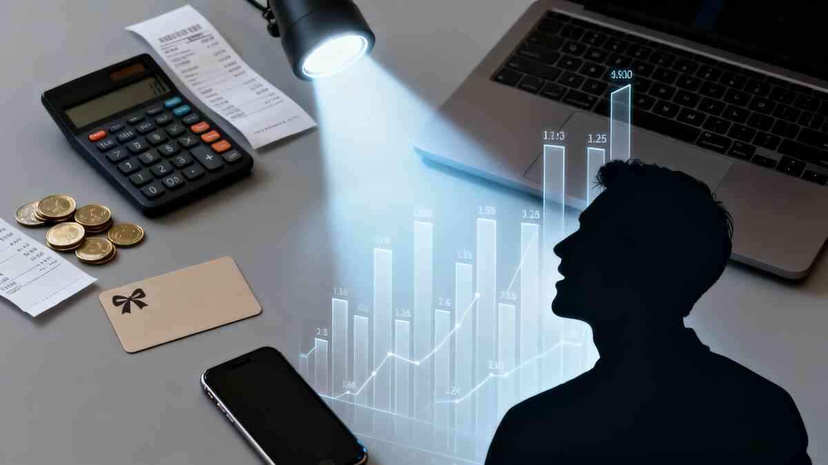 Calculator, coins, receipts and laptop under a harsh spotlight—ghostly bar chart rising behind a stunned silhouette, the brutal “true cost” reveal with shock-then-relief clarity