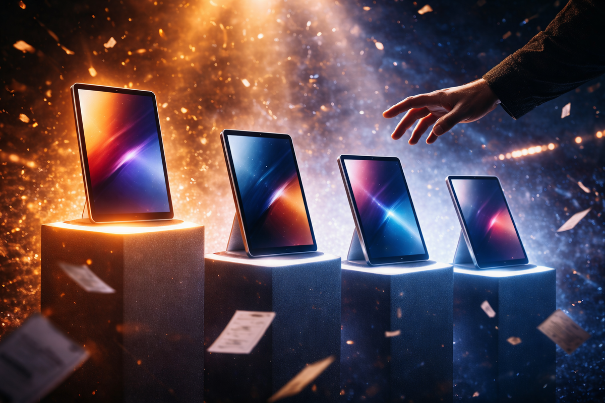 Four unbranded tablets on glowing podiums as a hand reaches for the winner—high-stakes ranking drama, ruthless value vibes, “pick the best one now” tension