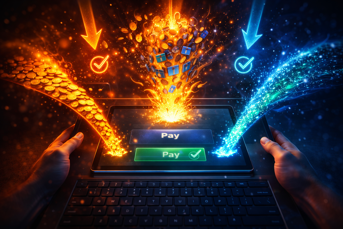 Explosive triple-reward payment moment on a tablet—gold coins and bonus gifts colliding into a jackpot burst, big checkmarks, heart-racing “I just hacked the price” euphoria