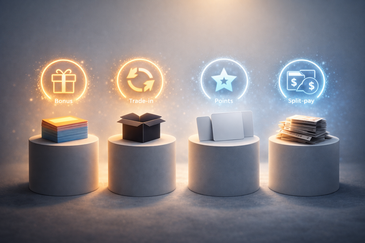 Clean benefit pedestals—bonus, trade-in, points, split-pay icons glowing above stacks and boxes—calm clarity after chaos, satisfying “no perks left behind” relief