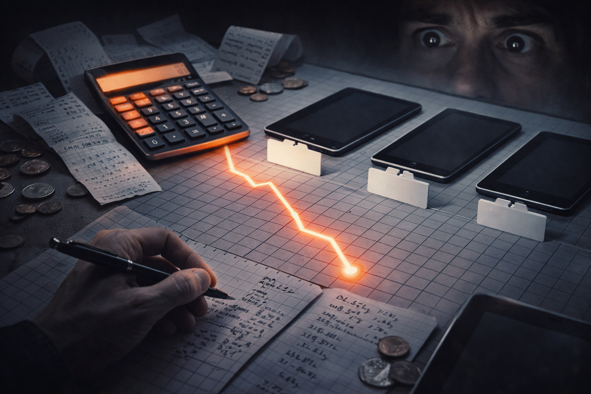 Brutal price-simulation desk—calculator, receipts, coins, tablets on stands, a plunging red graph line and anxious eyes—gut-punch reality check, obsessive “true cost” urgency