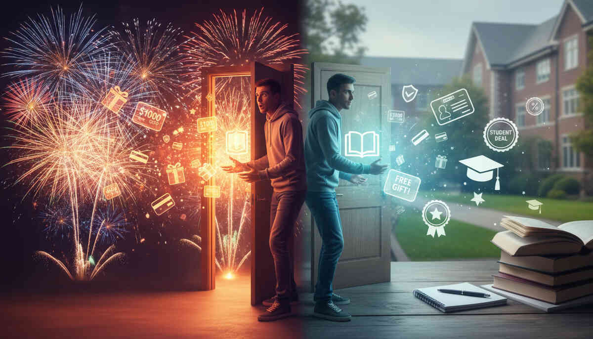 Split-screen showdown: New Year fireworks deal frenzy vs calm campus student discount world—two doors, one choice, intense decision pressure and “don’t regret this” energy
