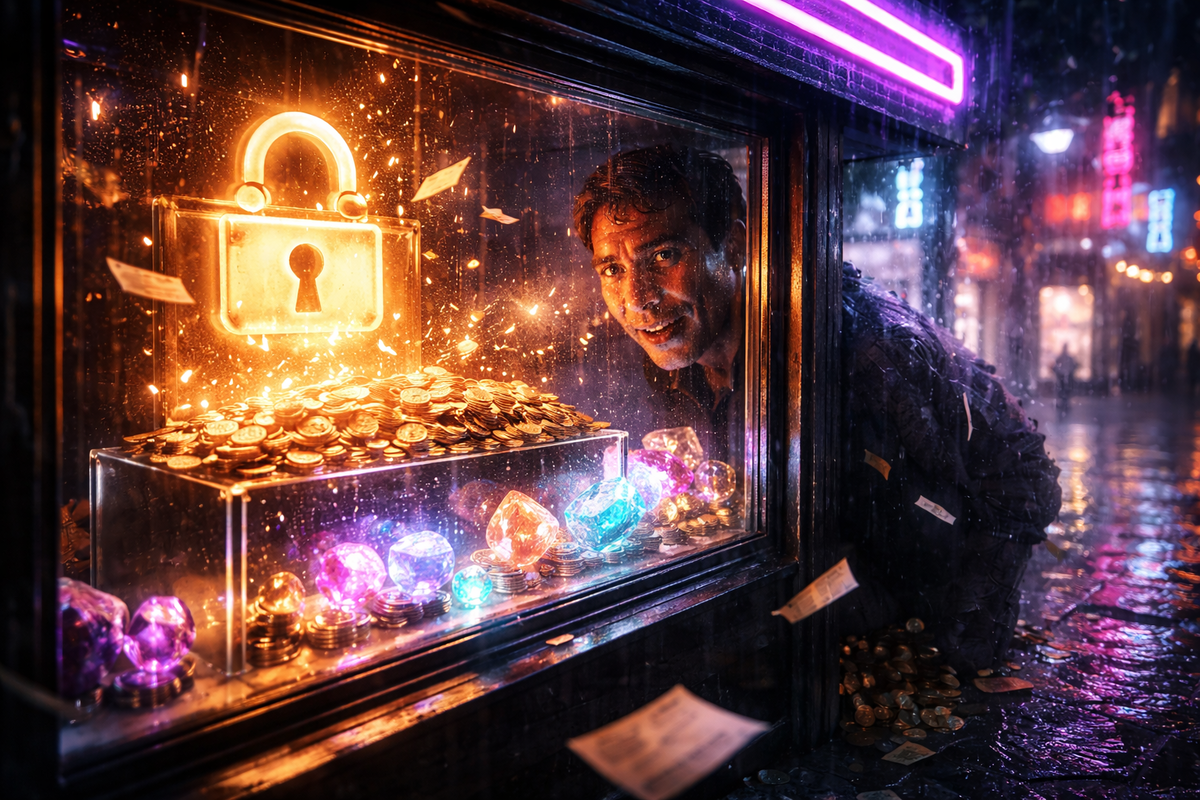 Rainy neon storefront display packed with glittering crystals and coin piles behind a glowing lock icon—greedy excitement, sweaty urgency, “I need this now” forbidden-treasure vibe