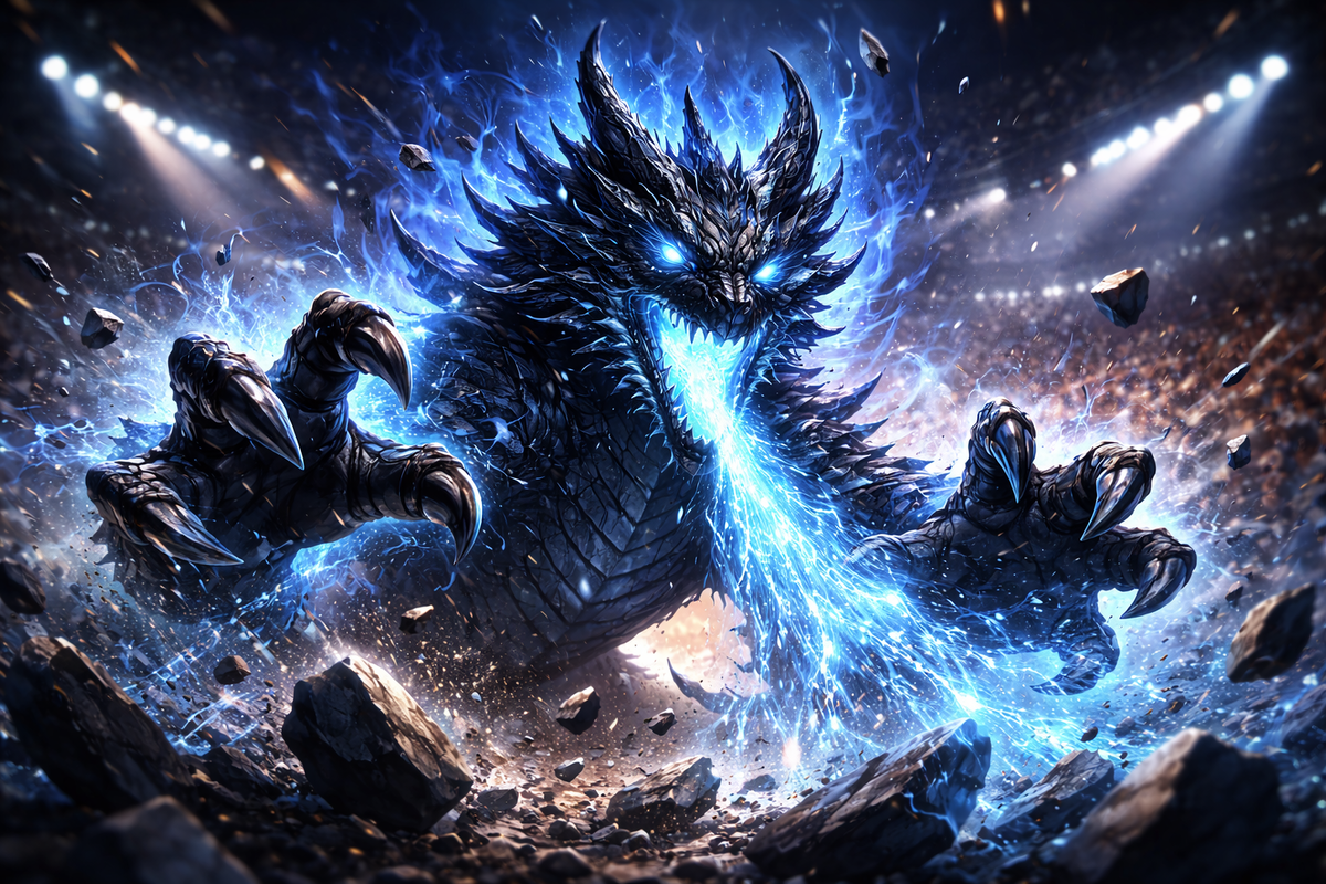Savage blue-flame dragon erupting in a stadium, claws out, shockwave debris flying—pure ranked-battle terror and unstoppable domination adrenaline