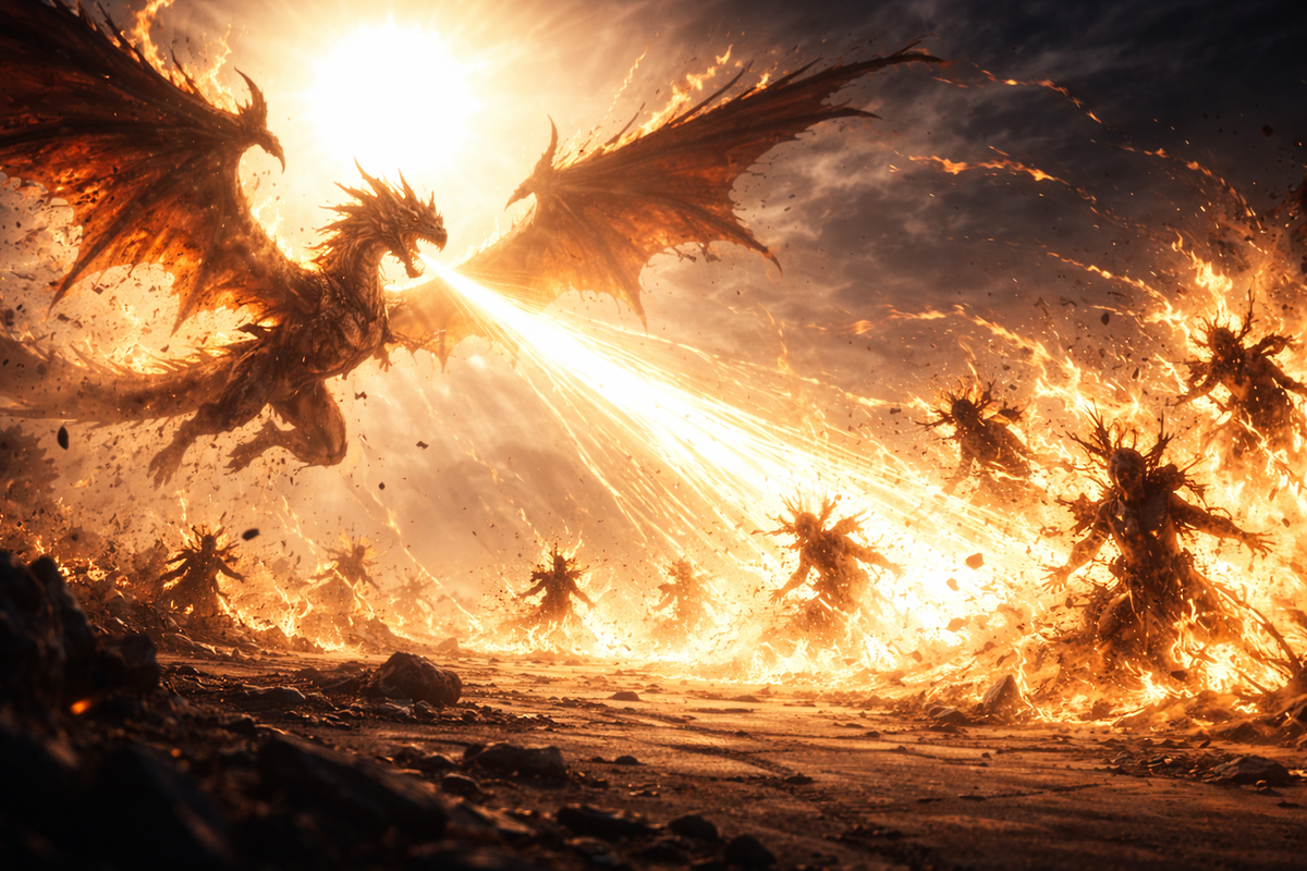 Sun-drenched winged fire dragon firing a blinding beam across a battlefield—instant wipeout chaos, overpowered “speedrun victory” euphoria and awe