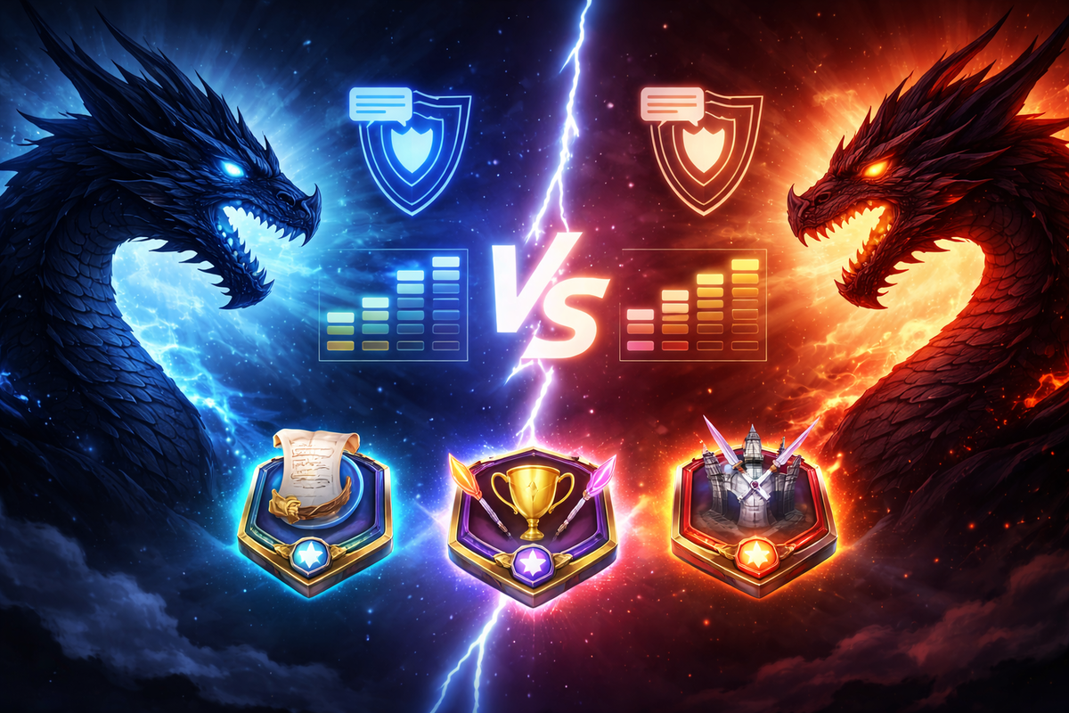 Explosive X vs Y showdown screen—two elemental dragons, stat bars, shields and a lightning split—raw rivalry, decisive comparison pressure, “which one wins?” hype