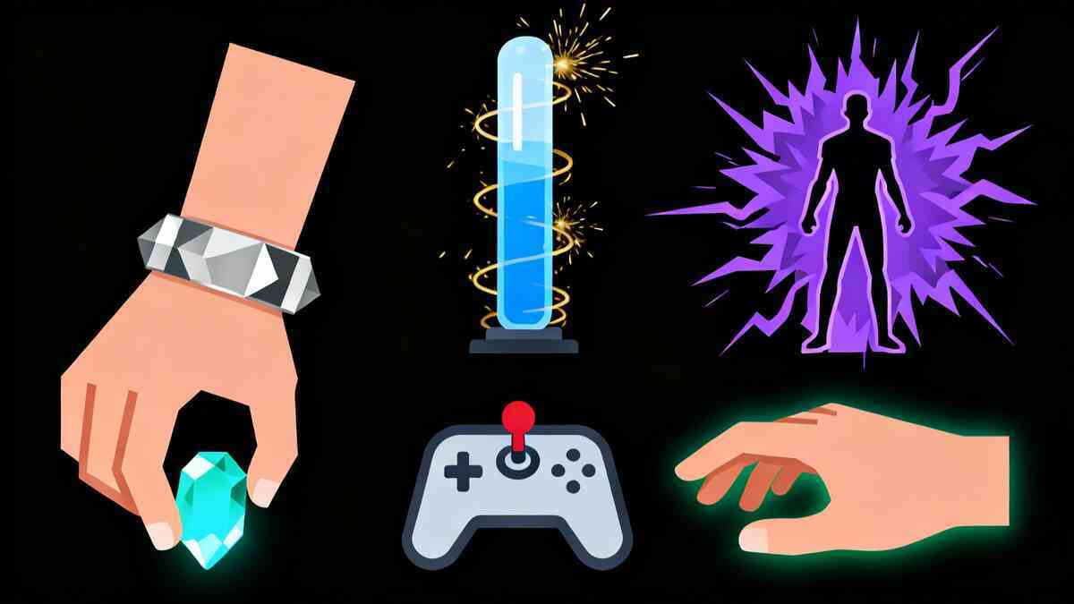 Minimal mega-evolution tutorial icons—hand grabbing a gem, energy tube charging, controller input, and a glowing transformation silhouette—panic-to-confidence breakthrough moment