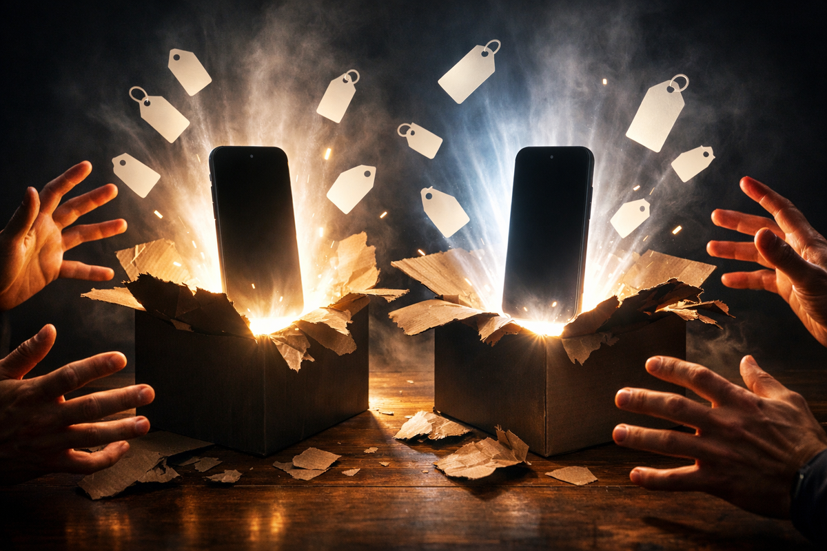 Two mystery gadget boxes explode with light—unbranded phones rising from torn cardboard, hands reaching in shock, jackpot vibes and instant FOMO