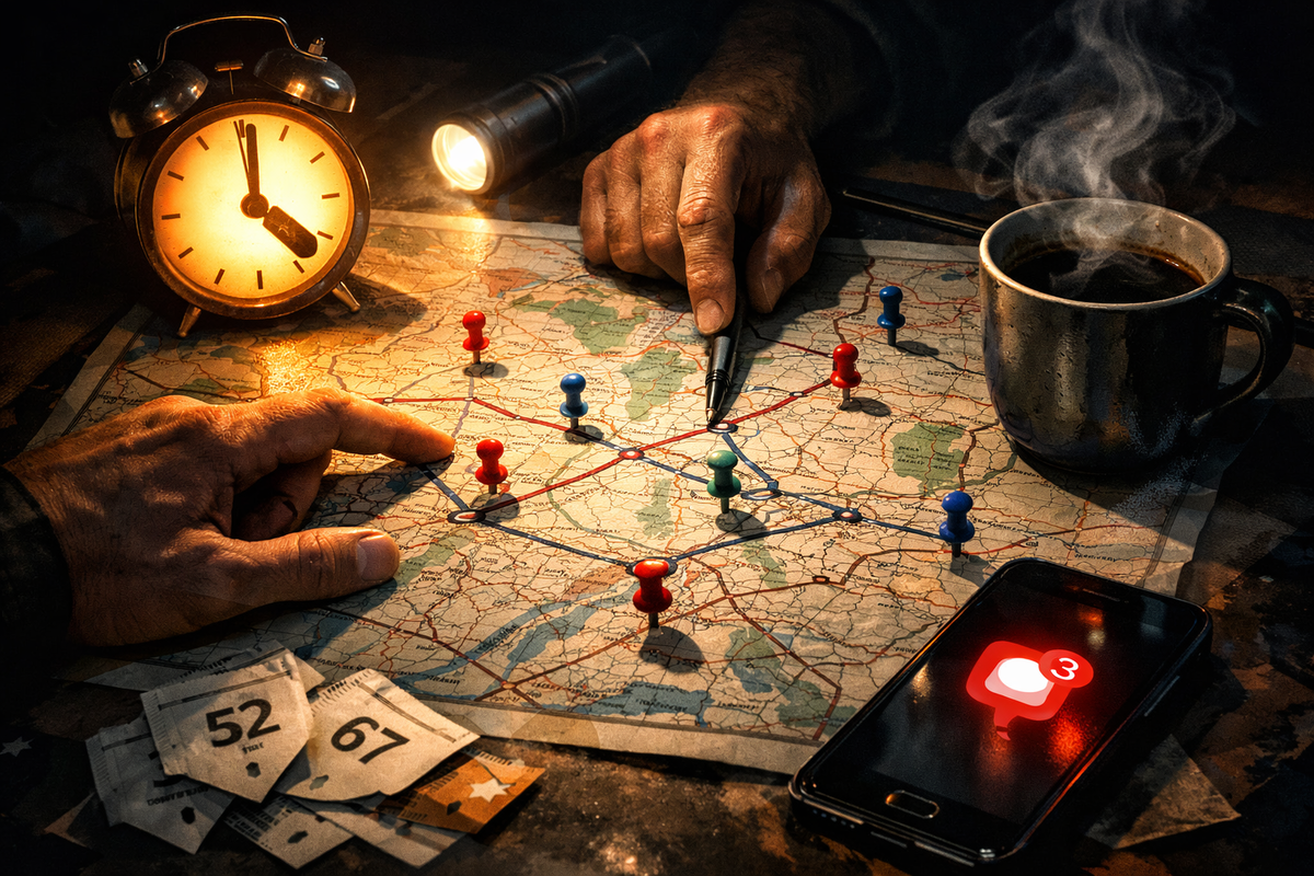 Midnight deal war-room on a paper map—pins, routes, ticking alarm clock, steaming coffee, buzzing notifications—ruthless focus and win-or-lose tension