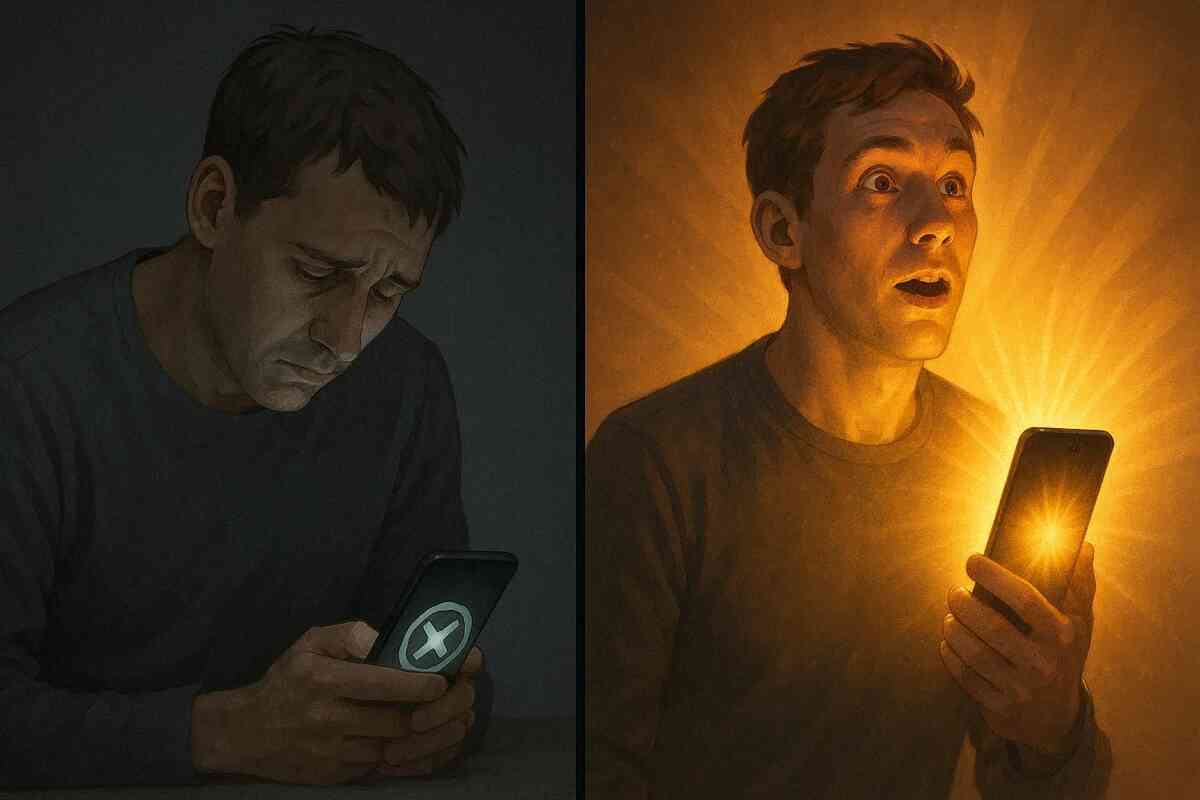 Split-second emotional whiplash—left: defeated stare at a failed phone symbol; right: face lit by a golden “second chance” glow, hope detonating into hype
