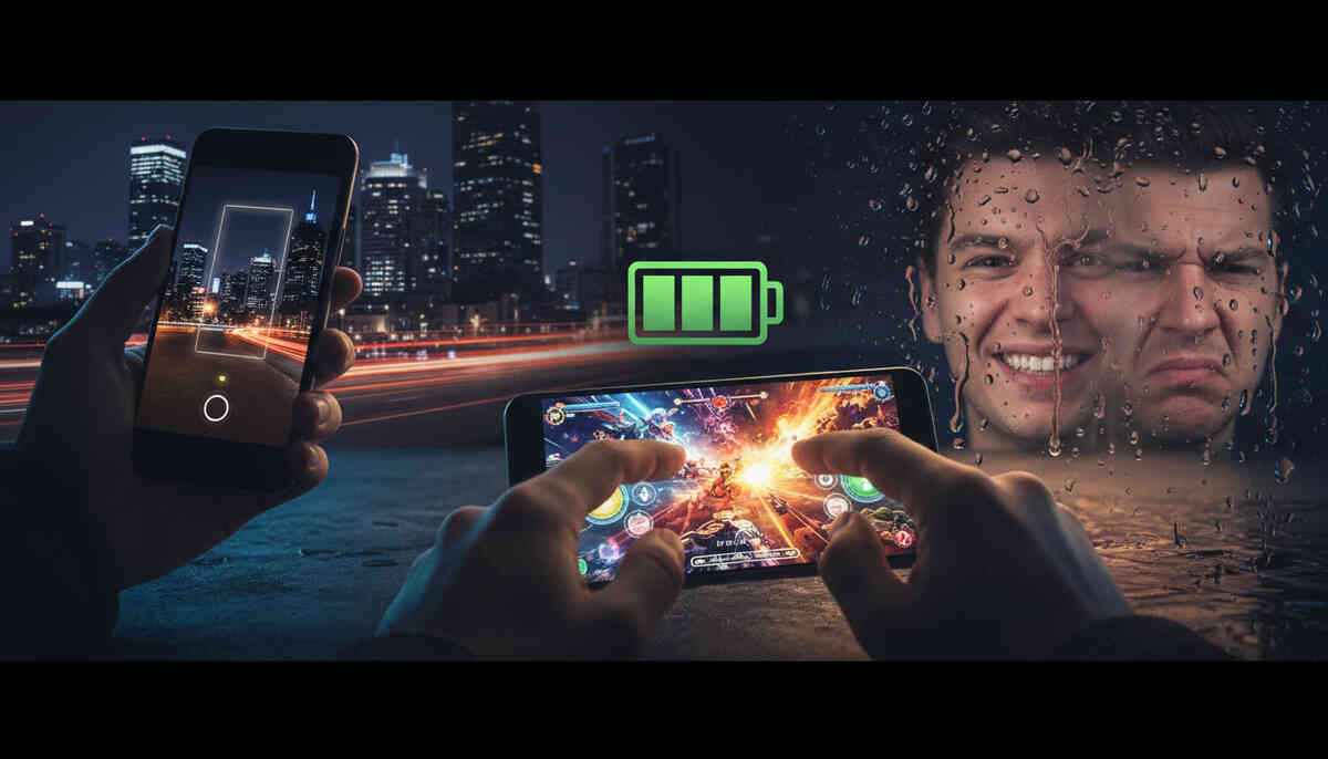 Real-world stress test collage—night camera shot, frantic mobile gaming, battery icon hovering, sweaty intensity and raw reactions from delight to frustration