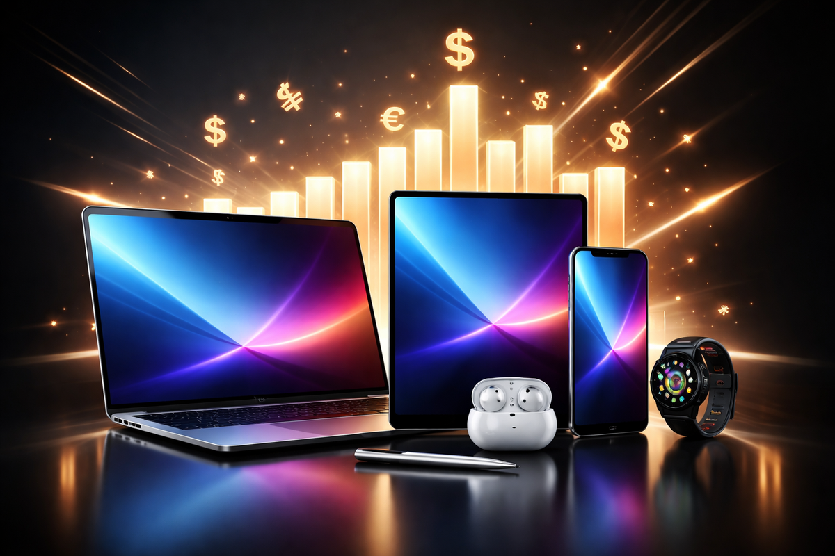 Premium gadget lineup in front of a blazing upward bar chart—currency symbols exploding in the background, glossy screens screaming “max return,” greedy excitement and irresistible savings heat
