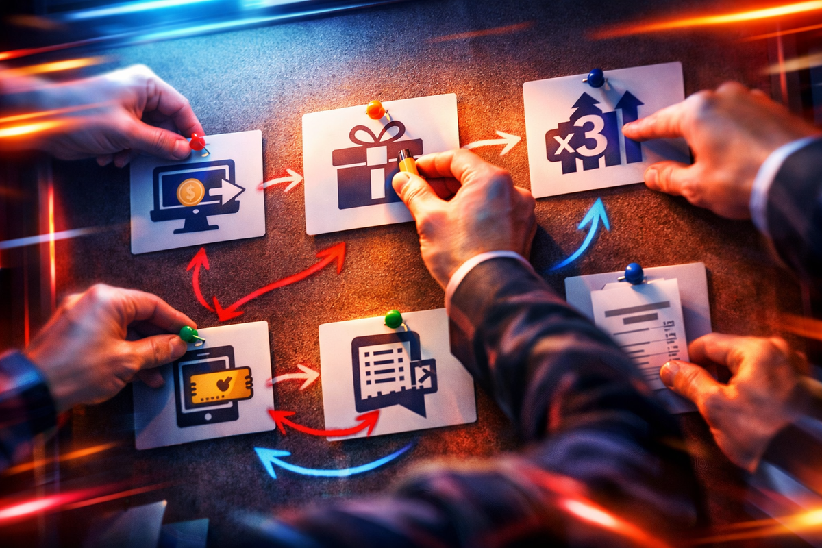 Hands building a ruthless savings battle plan on a pinboard—reward portal → gift bonus → multiplier boost, arrows racing everywhere, tactical intensity and winning momentum