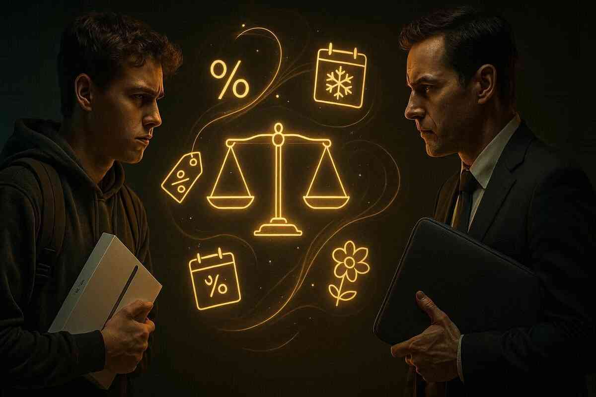 Student vs professional face-off under a glowing balance scale—percent signs and seasonal calendars swirling, high-stakes choice vibes: patience or pounce, tension you can feel