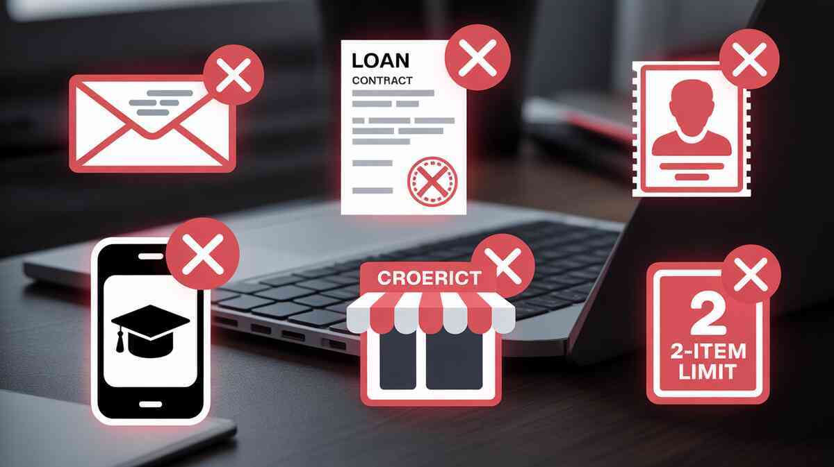 Laptop desk covered in red “X” warning icons—email delay, loan not allowed, ID rules, student store excluded, store/app limits, strict 2-item cap—panic-proof checklist energy
