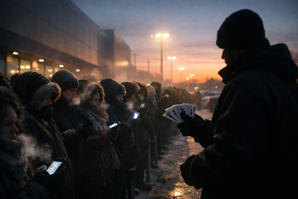 Switch2 New Year’s Day store line at icy sunrise—breath clouds, glowing phones, ticket handout suspense, pure hope-and-panic launch-day energy