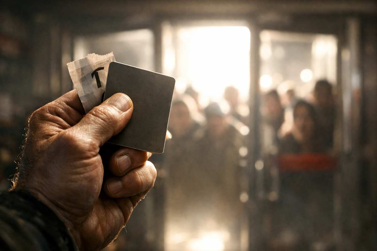 Switch2 entry pass close-up—hand gripping a plain membership card and numbered ticket, bright doors ahead, sweaty-palm tension, one-shot chance vibe